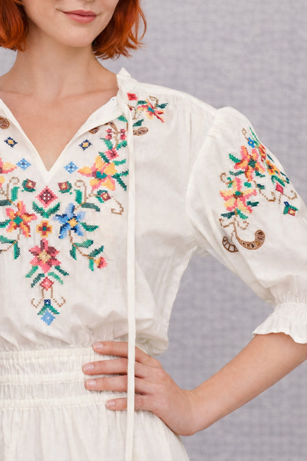 MA.BE Apparel, Abito Midi con Ricami Punto Croce Gracie