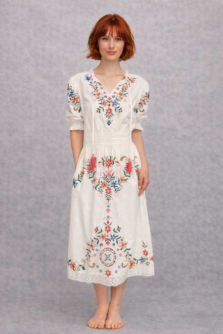 MA.BE Apparel, Abito Midi con Ricami Punto Croce Gracie