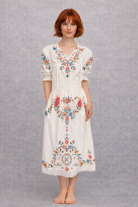 MA.BE Apparel, Abito Midi con Ricami Punto Croce Gracie