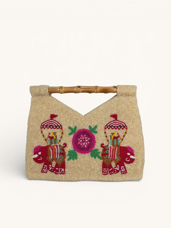 Borsa Clutch con Perline e Manici di Bamboo, Nimo with Love