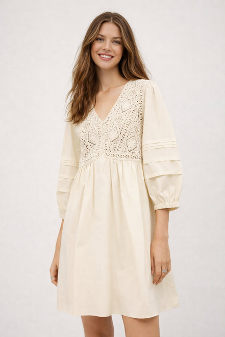 Ba&sh, Abito Corto in Cotone con Pizzo Guipure Sonia