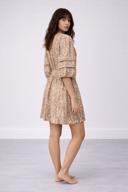 Mini Dress Fantasia con Cintura in Vita Fondo Beige Teodora Baash