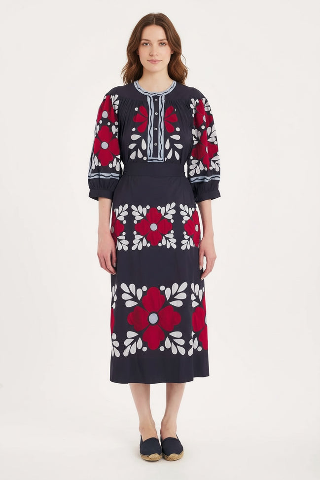 Abito Midi Cotone Navi con Ricami Oxo Antik Batik