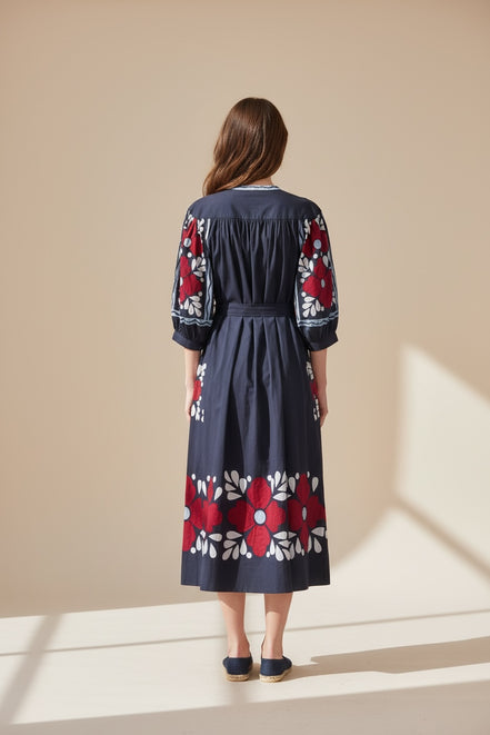 Abito Midi Cotone Navi con Ricami Oxo Antik Batik