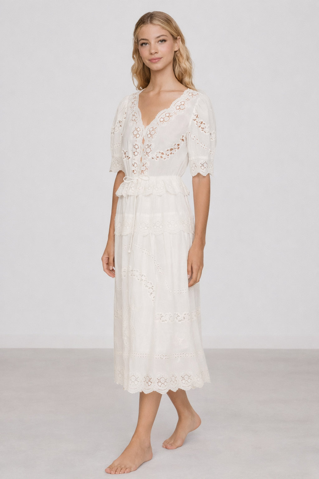 Abito Midi Sofia in Cotone Leggero con Ricami e Pizzo, SEA New York
