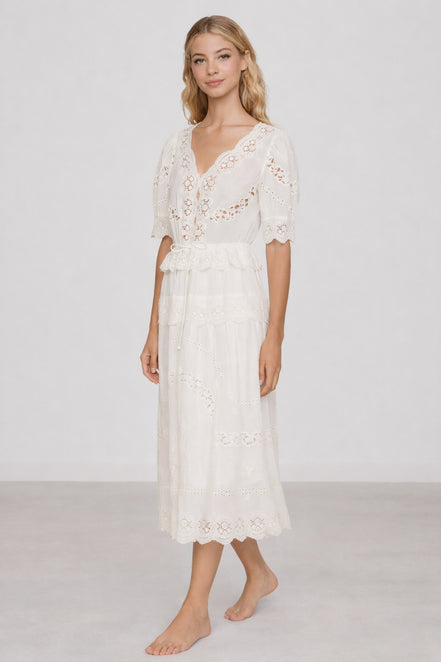 Abito Midi Sofia in Cotone Leggero con Ricami e Pizzo, SEA New York