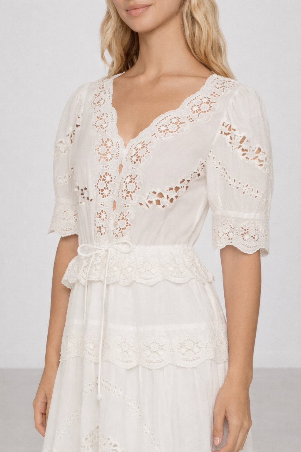 Abito Midi Sofia in Cotone Leggero con Ricami e Pizzo, SEA New York