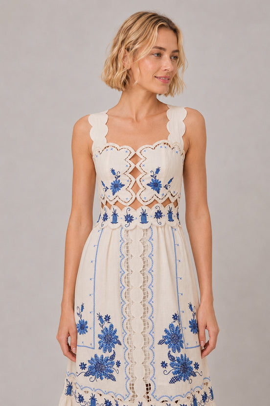 Abito Midi con Spalline Pizzo e Punto Croce Richelieu Farm Rio