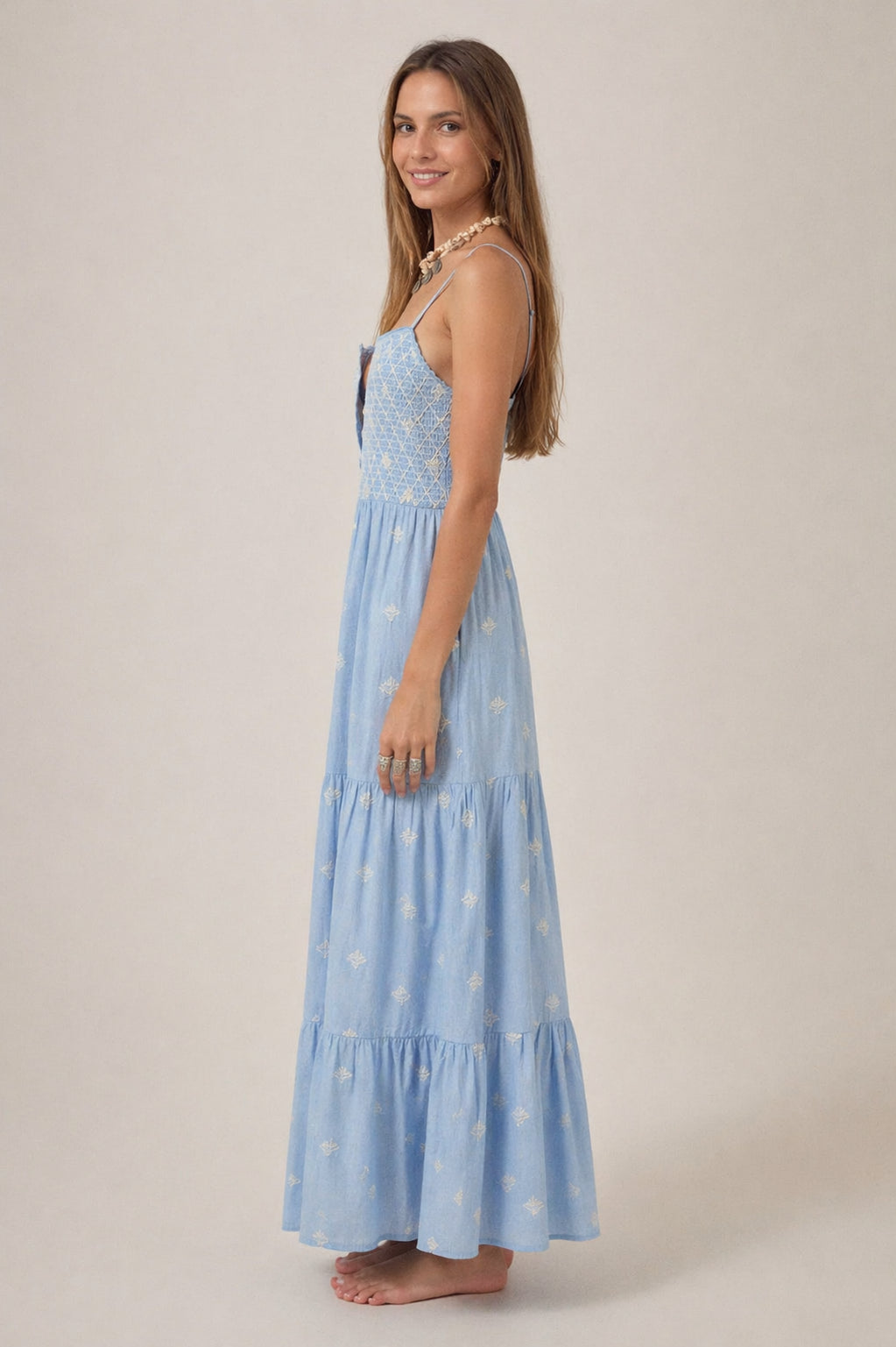 Maison Hotel, Abito Celeste in Cotone con Spalline e Punto Smock Etta