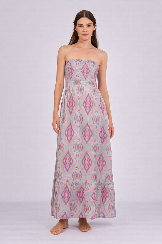 Abito Lungo in Lino con Spalle Scoperte Fantasia, Nimo with Love