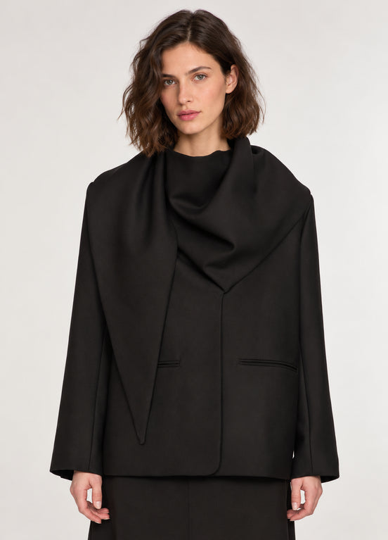 SEA NY, Blazer in lana nero con ampio foulard integrato