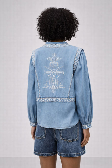 Blusa in Jeans Effetto Chambray con Ricami, Ba&sh