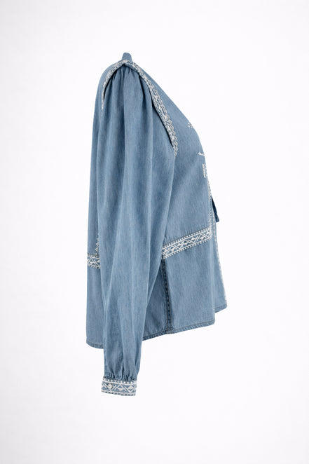 Blusa in Jeans Effetto Chambray con Ricami, Ba&sh