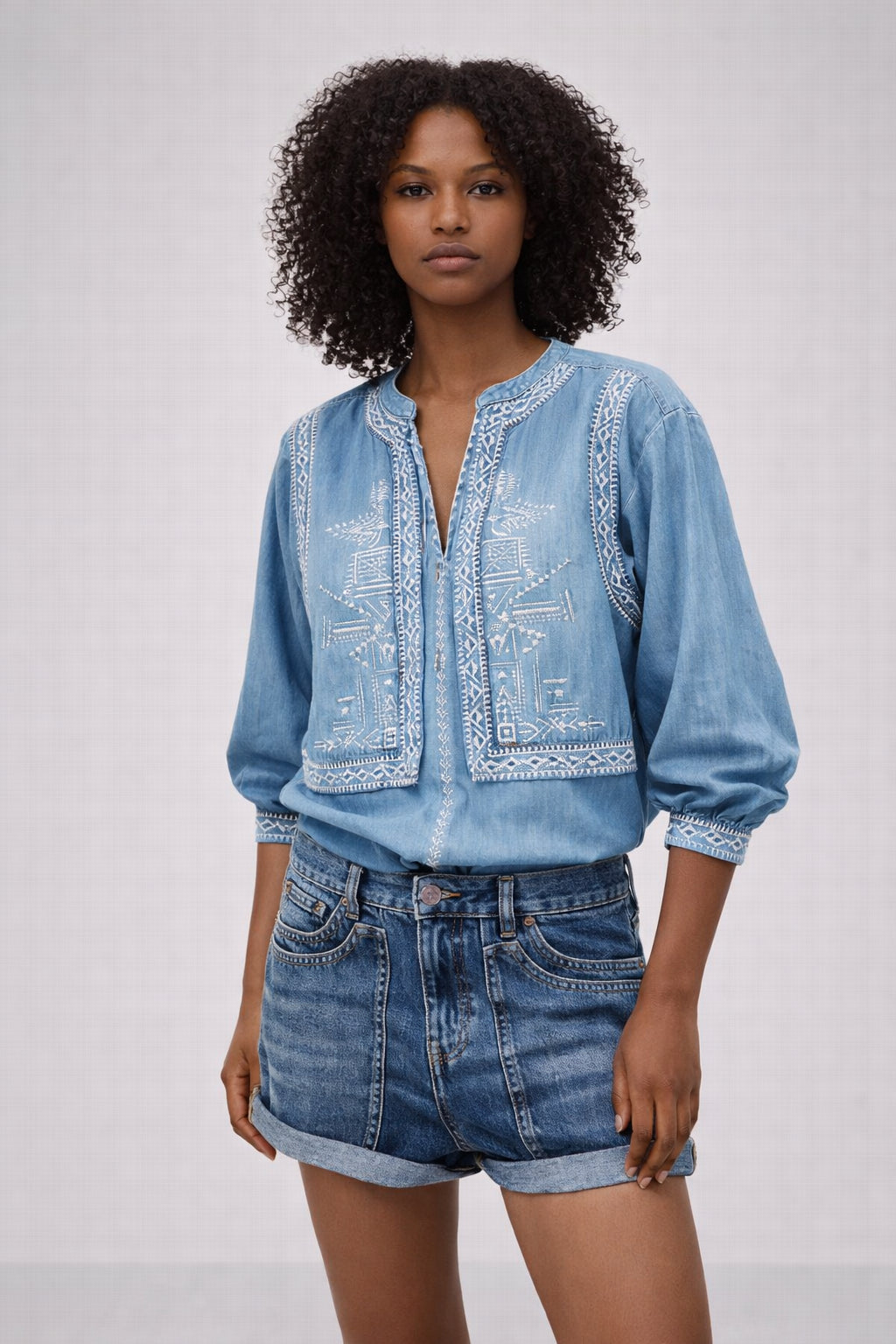 Blusa in Jeans Effetto Chambray con Ricami, Ba&sh