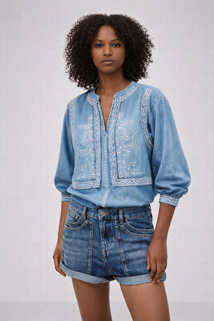 Blusa in Jeans Effetto Chambray con Ricami, Ba&sh