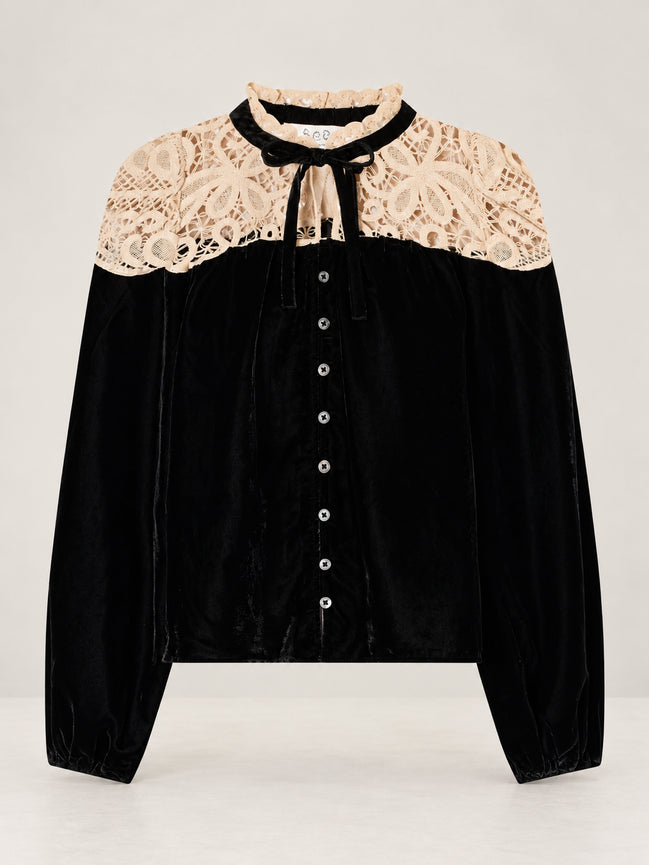 SEA New York,  Blusa di Velluto e  Pizzo con Fiocco Shiloh