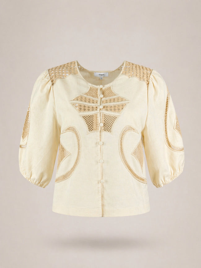 Suncoo, Blusa in Lino con Inserti in Pizzo Lindsay
