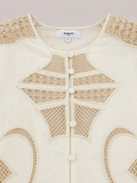 Suncoo, Blusa in Lino con Inserti in Pizzo Lindsay