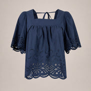Suncoo, Blusa in Popeline di Cotone Navy  e Ricami Lucy