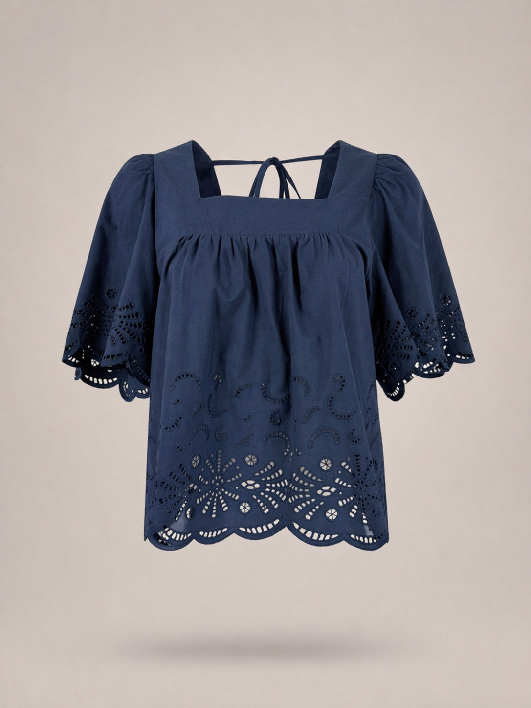 Suncoo, Blusa in Popeline di Cotone Navy  e Ricami Lucy