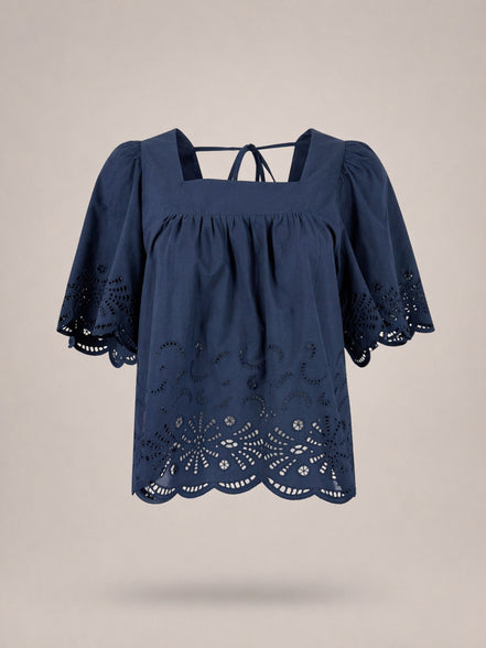 Suncoo, Blusa in Popeline di Cotone Navy  e Ricami Lucy