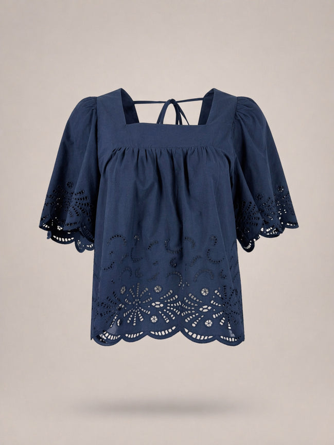 Suncoo, Blusa in Popeline di Cotone Navy  e Ricami Lucy