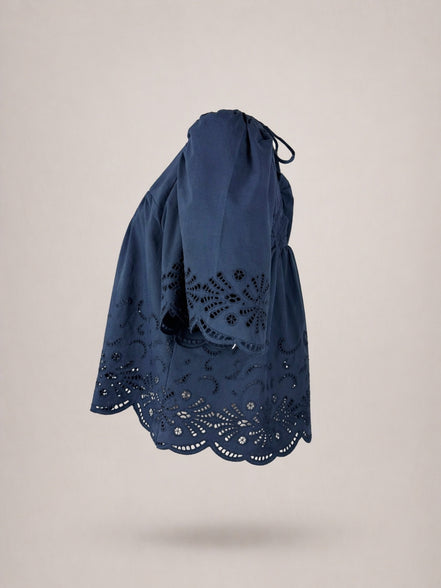 Suncoo, Blusa in Popeline di Cotone Navy  e Ricami Lucy