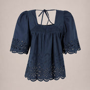 Suncoo, Blusa in Popeline di Cotone Navy  e Ricami Lucy