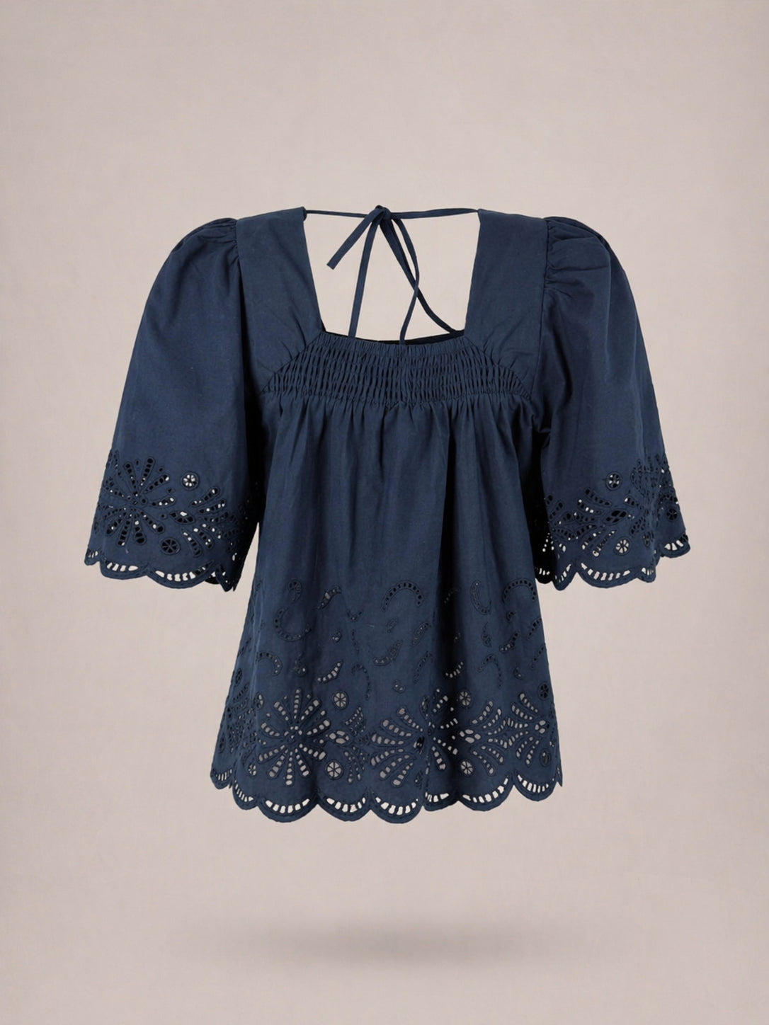 Suncoo, Blusa in Popeline di Cotone Navy  e Ricami Lucy