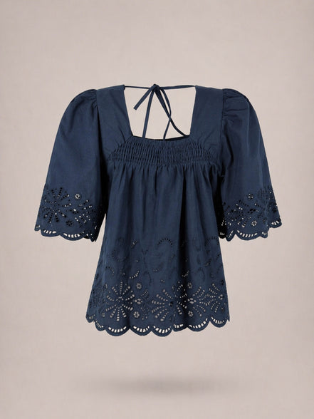 Suncoo, Blusa in Popeline di Cotone Navy  e Ricami Lucy