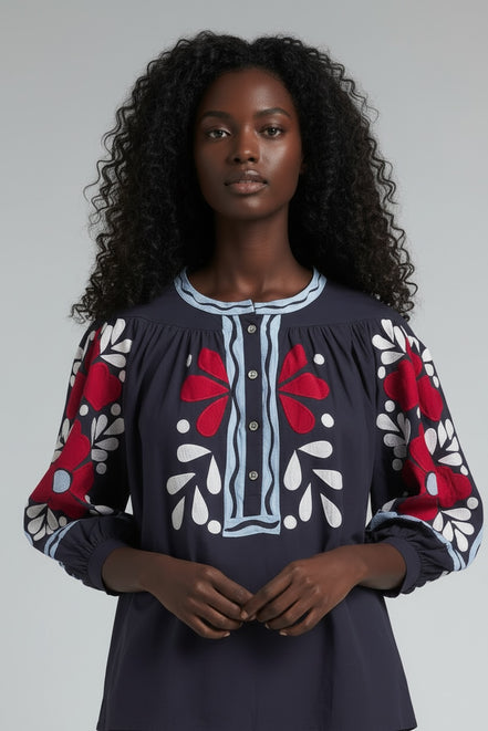 Blusa Popeline Navy con Ricami e Maniche al Gomito Oxo Antik Batik