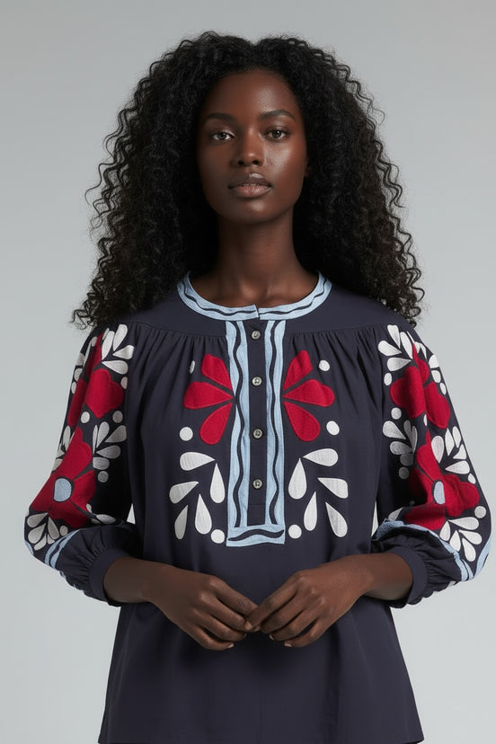 Blusa Popeline Navy con Ricami e Maniche al Gomito Oxo Antik Batik