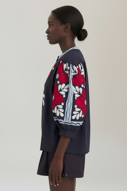 Blusa Popeline Navy con Ricami e Maniche al Gomito Oxo Antik Batik