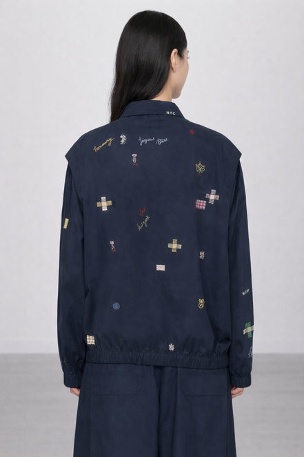 Bomber Claira,  in Cotone Sfoderato Blu Navy con Ricami, SEA NY