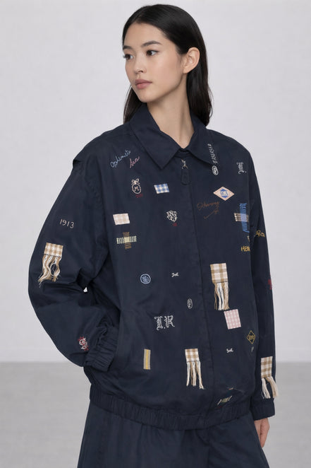 Bomber Claira,  in Cotone Sfoderato Blu Navy con Ricami, SEA NY