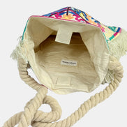 Borsa a Tracolla di Cotone Burro con Frange e Ricami Colorati Antik Batik