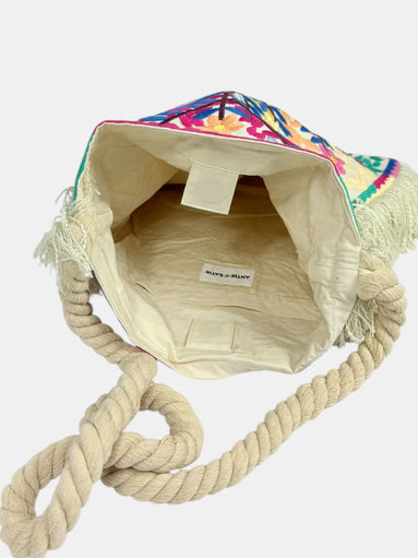 Borsa a Tracolla di Cotone Burro con Frange e Ricami Colorati Antik Batik