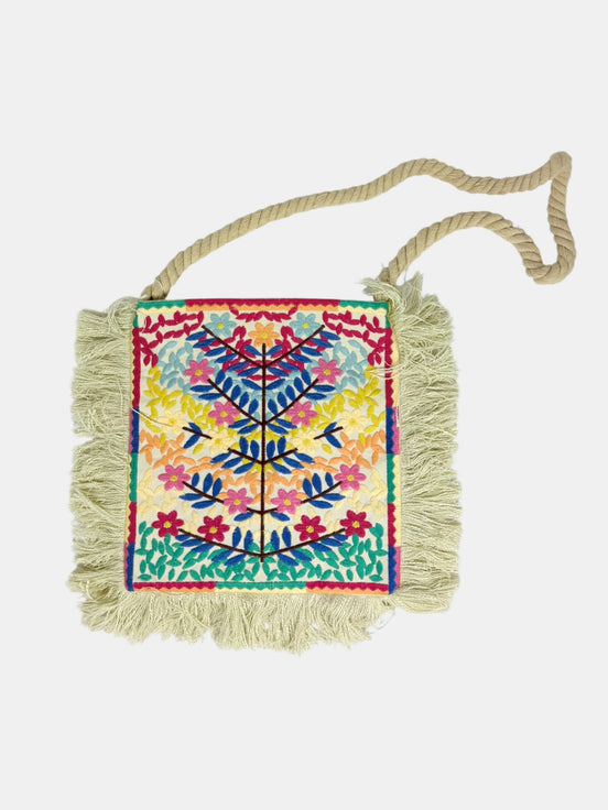 Borsa a Tracolla di Cotone Burro con Frange e Ricami Colorati Antik Batik