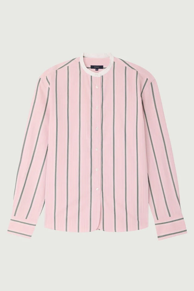 Soeur, Camicia Coreana in Popeline Rosa con Righe Bermudes