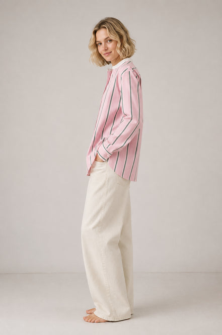 Soeur, Camicia Coreana in Popeline Rosa con Righe Bermudes