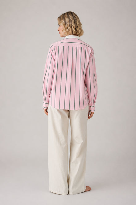Soeur, Camicia Coreana in Popeline Rosa con Righe Bermudes