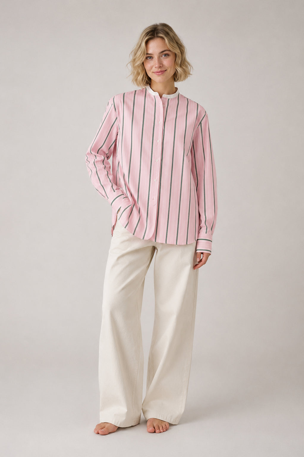 Soeur, Camicia Coreana in Popeline Rosa con Righe Bermudes
