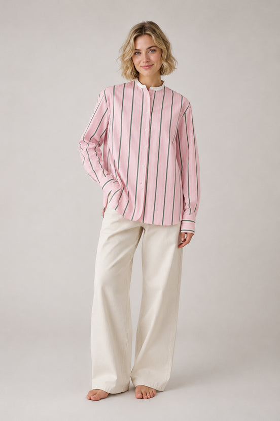 Soeur, Camicia Coreana in Popeline Rosa con Righe Bermudes