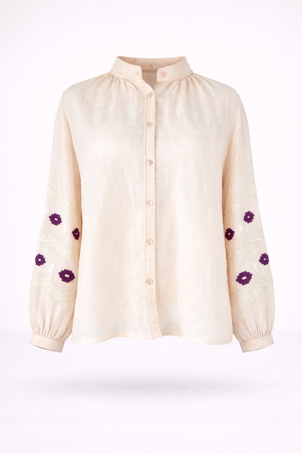 Benaras, Camicia Coreana Over in Lino con Ricami a Contrasto