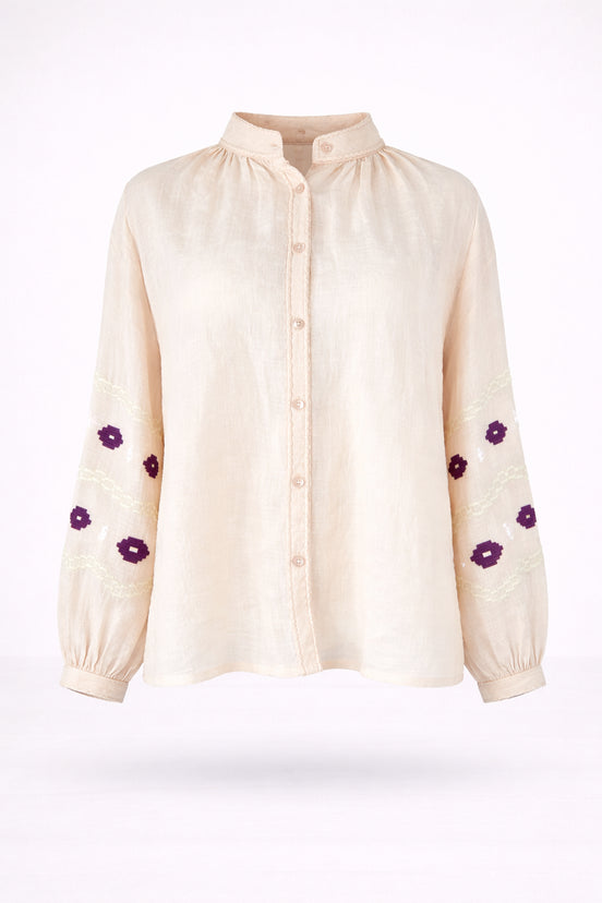 Benaras, Camicia Coreana Over in Lino con Ricami a Contrasto