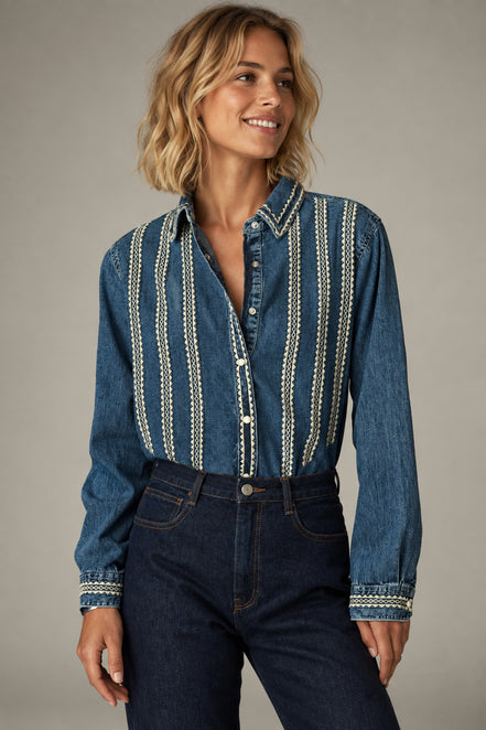 Maison Hotel, Camicia in Denim con Ricami a Contrasto Zach