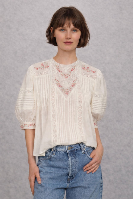 MA.BE Apparel, Camicia Manica a Gomito con Pizzo e Ricami Fleur