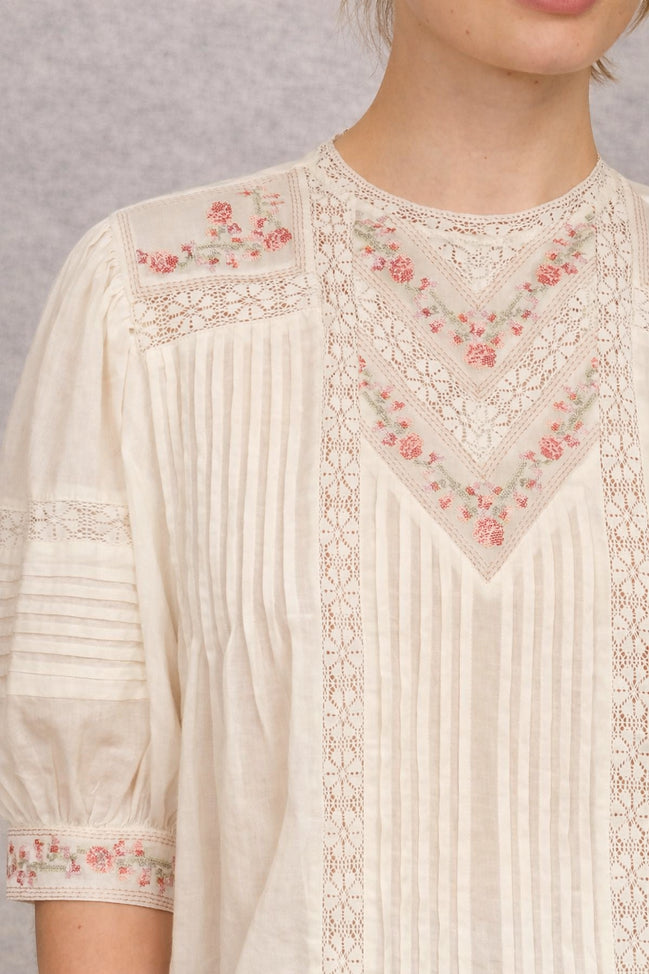 MA.BE Apparel, Camicia Manica a Gomito con Pizzo e Ricami Fleur