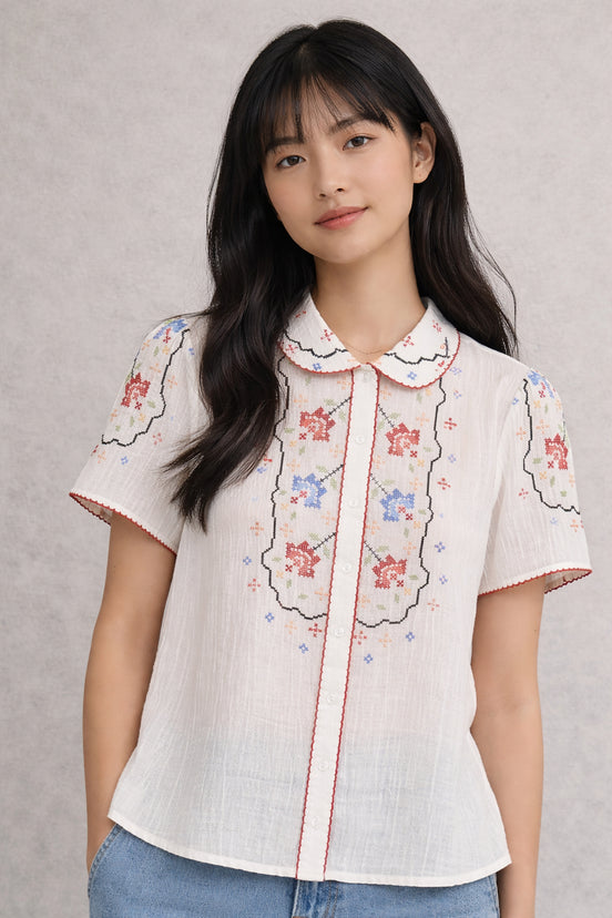 MA.BE Apparel, Camicia a Maniche Corte con Ricami Ruby