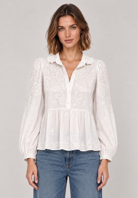 Scarlett Poppies, Camicia Bianca Colletto Tondo  Ricamata